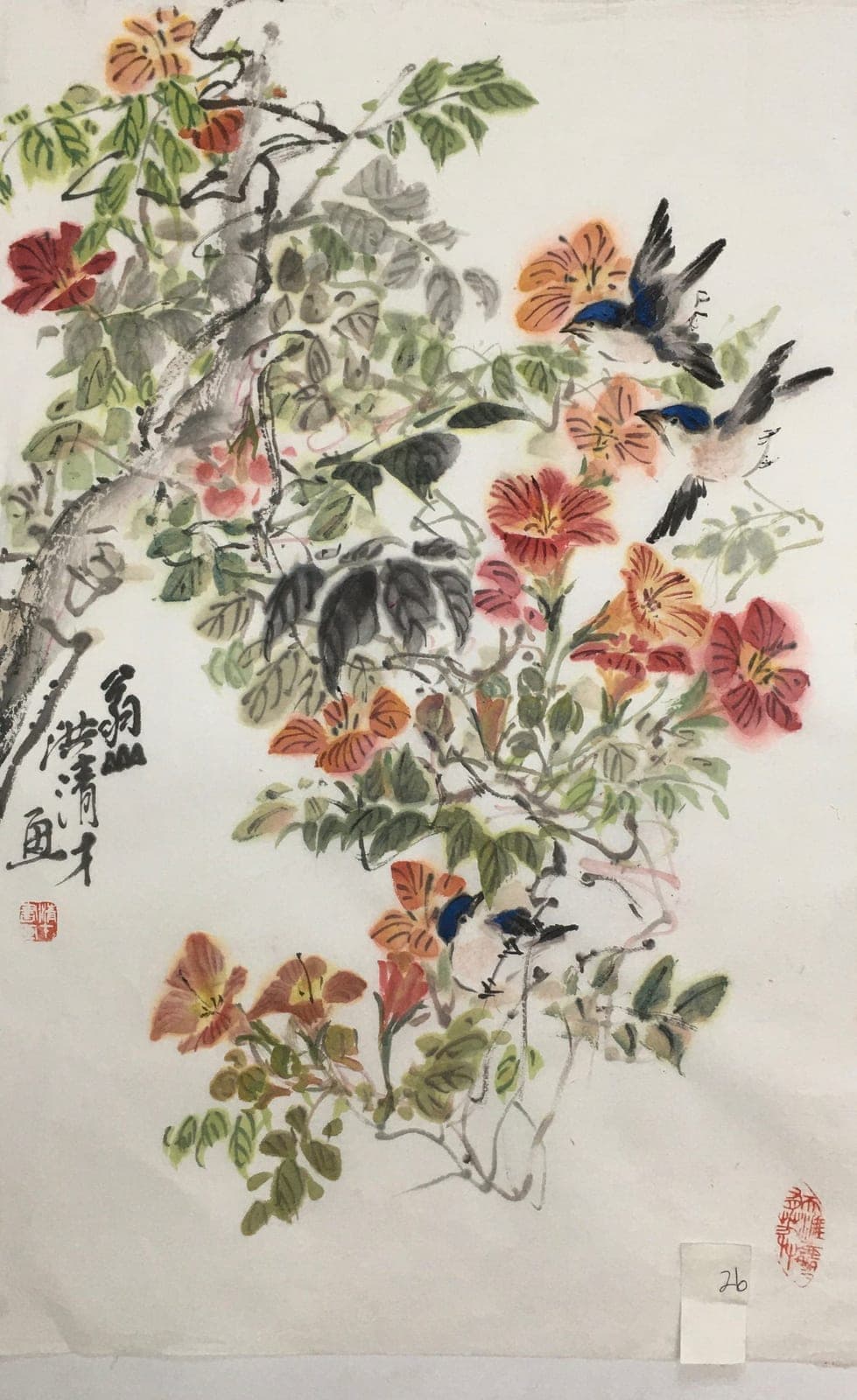Three Birds on Trumpet Vine